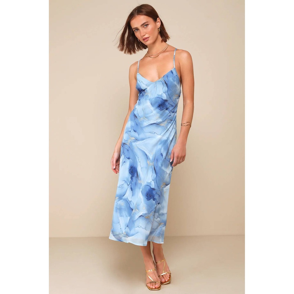 Lulus Bright Charm Blue Abstract Print Chiffon Slip Midi Dress Size Large - Picture 2 of 5